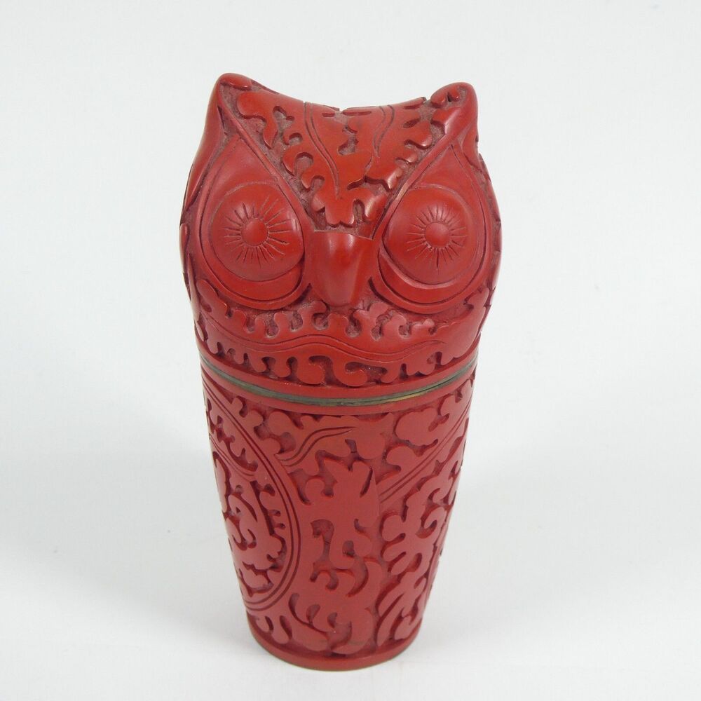 Red Cinnabar Owl Trinket Box w/ Enamel Interior Vintage 5.5" Tall Carved Chinese